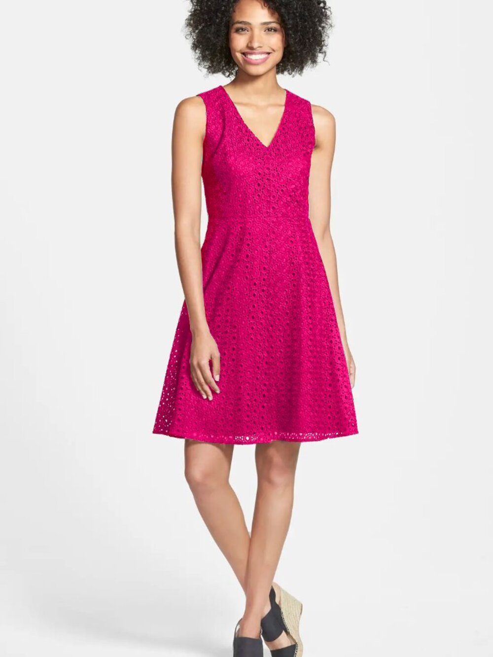 Halogen Hot Pink Eyelet Fit and Flare Casual Dress - Picture 1 of 7